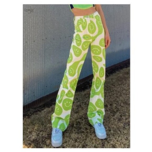 Bailey Rose S 26x32 Smiley Face Happy Lime Green Wide Leg Jeans - Picture 3 of 12